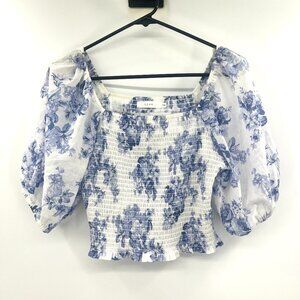 Lush Blue White Floral Smocked Cropped Blouse Women's Small